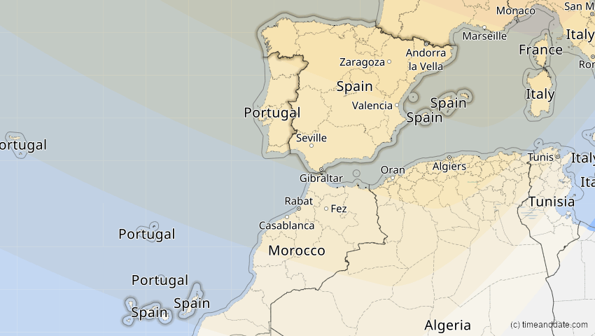 A map of Spanien, showing the path of the 21. Aug 2036 Partielle Sonnenfinsternis