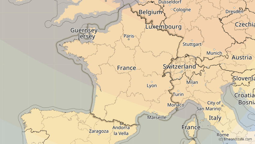 A map of Frankreich, showing the path of the 21. Aug 2036 Partielle Sonnenfinsternis