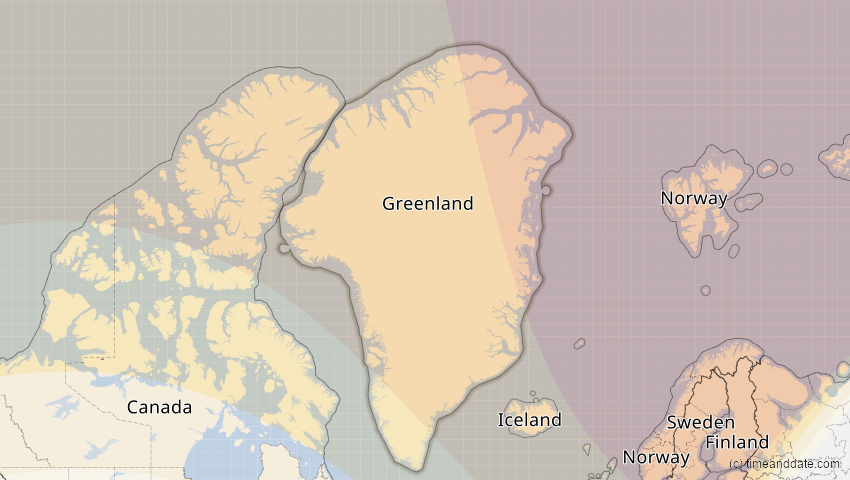A map of Grönland, showing the path of the 21. Aug 2036 Partielle Sonnenfinsternis
