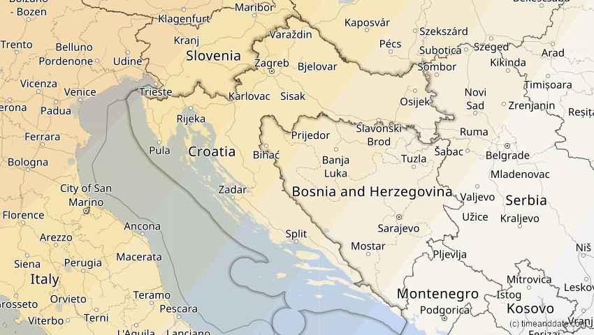 A map of Kroatien, showing the path of the 21. Aug 2036 Partielle Sonnenfinsternis