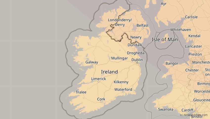 A map of Irland, showing the path of the 21. Aug 2036 Partielle Sonnenfinsternis