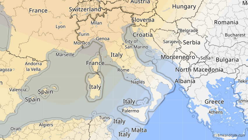 A map of Italien, showing the path of the 21. Aug 2036 Partielle Sonnenfinsternis
