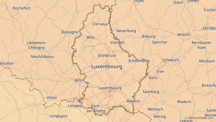 A map of Luxemburg, showing the path of the 21. Aug 2036 Partielle Sonnenfinsternis