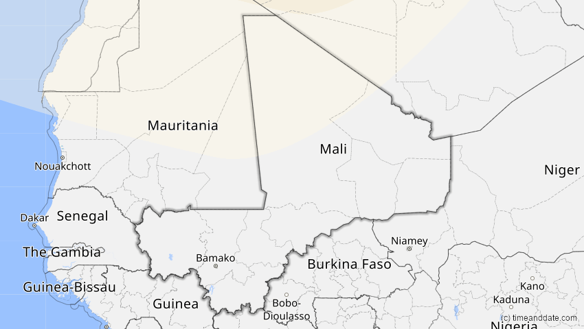 A map of Mali, showing the path of the 21. Aug 2036 Partielle Sonnenfinsternis