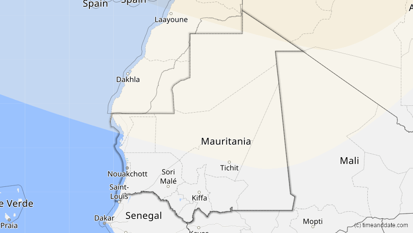 A map of Mauretanien, showing the path of the 21. Aug 2036 Partielle Sonnenfinsternis