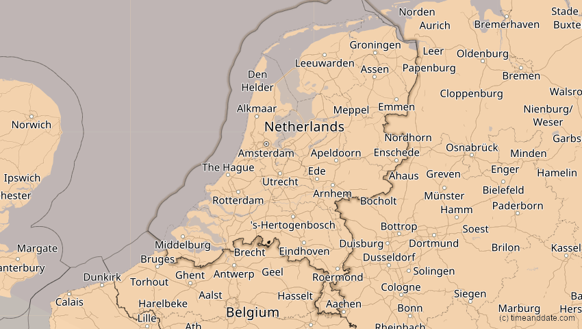 A map of Niederlande, showing the path of the 21. Aug 2036 Partielle Sonnenfinsternis