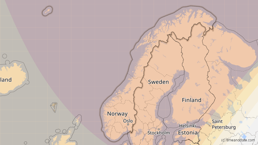 A map of Norwegen, showing the path of the 21. Aug 2036 Partielle Sonnenfinsternis