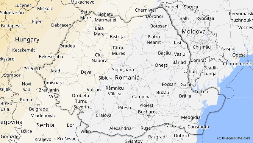 A map of Rumänien, showing the path of the 21. Aug 2036 Partielle Sonnenfinsternis