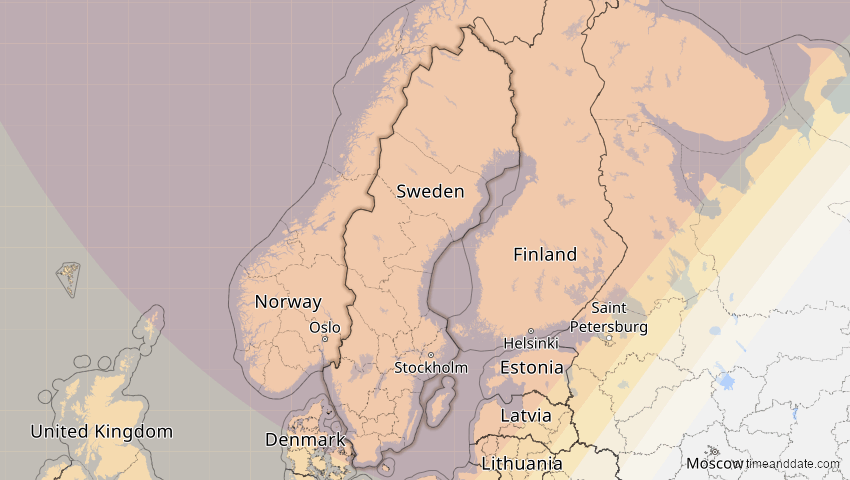 A map of Schweden, showing the path of the 21. Aug 2036 Partielle Sonnenfinsternis