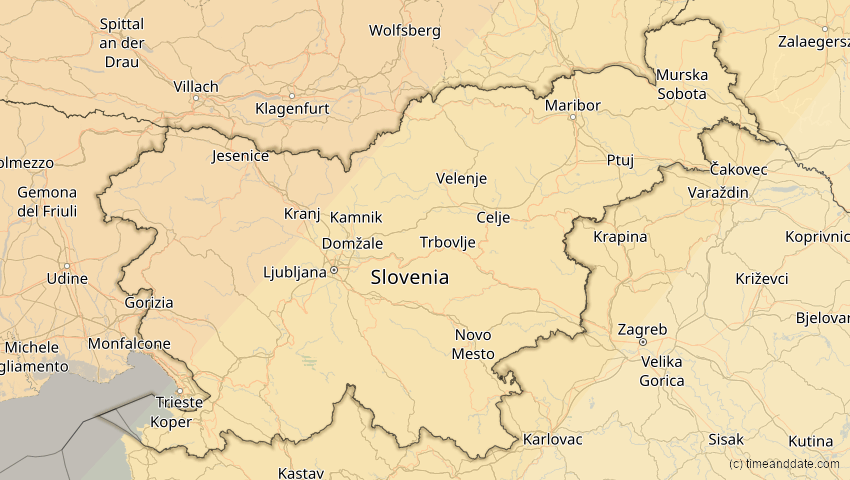 A map of Slowenien, showing the path of the 21. Aug 2036 Partielle Sonnenfinsternis