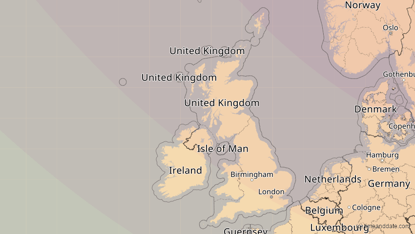 A map of Großbritannien, showing the path of the 21. Aug 2036 Partielle Sonnenfinsternis