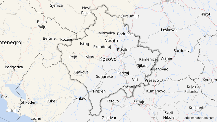 A map of Kosovo, showing the path of the 21. Aug 2036 Partielle Sonnenfinsternis