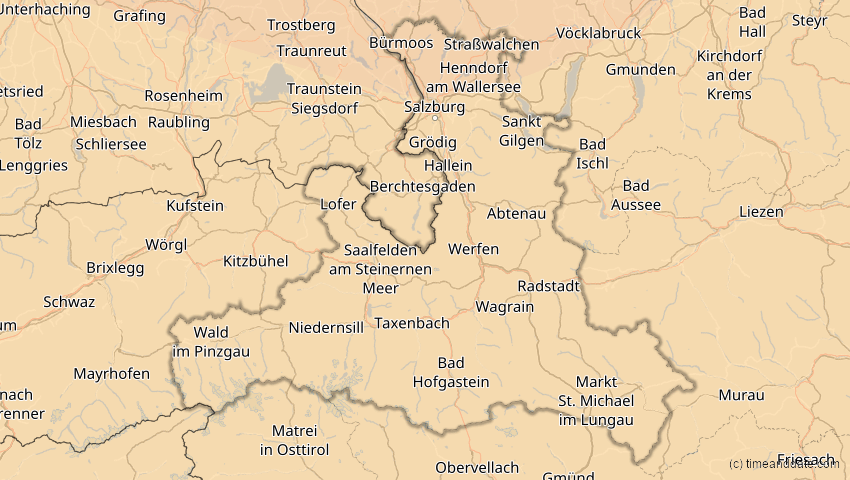 A map of Salzburg, Österreich, showing the path of the 21. Aug 2036 Partielle Sonnenfinsternis