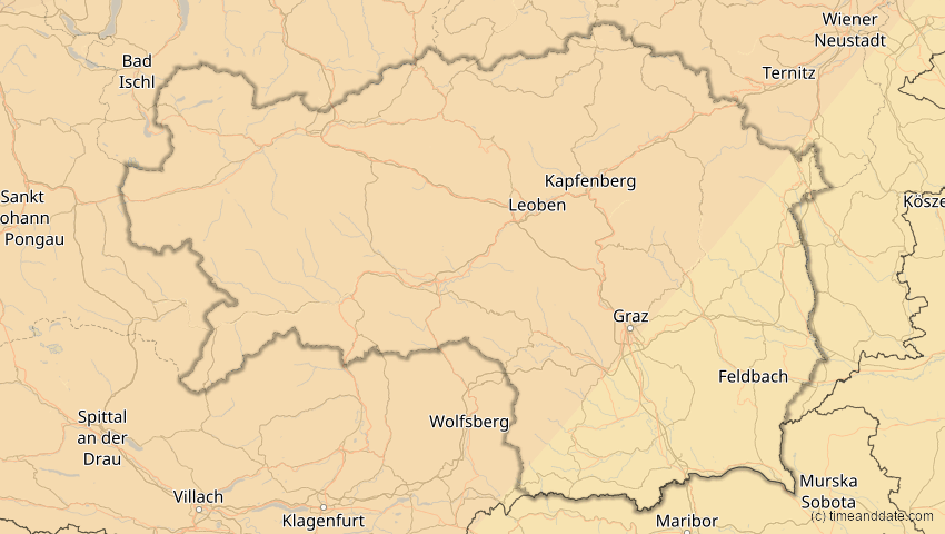 A map of Steiermark, Österreich, showing the path of the 21. Aug 2036 Partielle Sonnenfinsternis