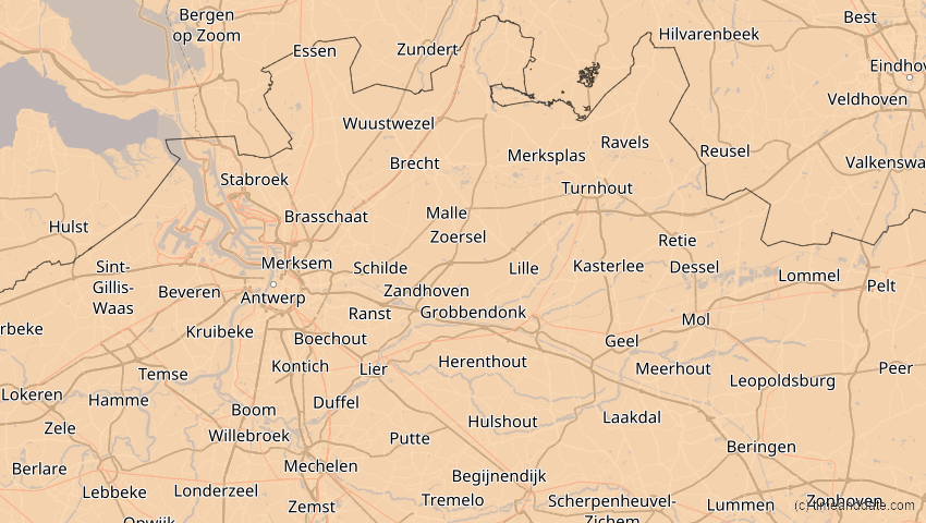 A map of Antwerpen, Belgien, showing the path of the 21. Aug 2036 Partielle Sonnenfinsternis