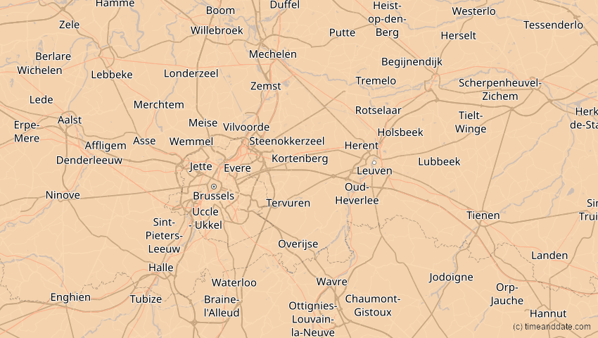 A map of Flämisch-Brabant, Belgien, showing the path of the 21. Aug 2036 Partielle Sonnenfinsternis