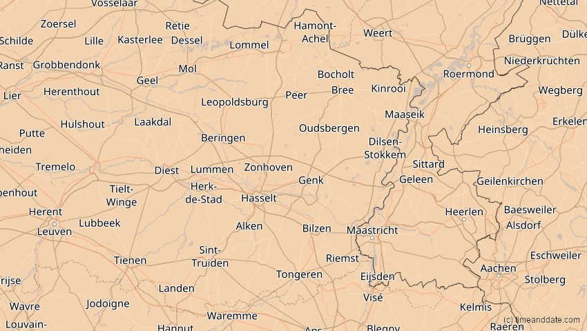 A map of Limburg, Belgien, showing the path of the 21. Aug 2036 Partielle Sonnenfinsternis