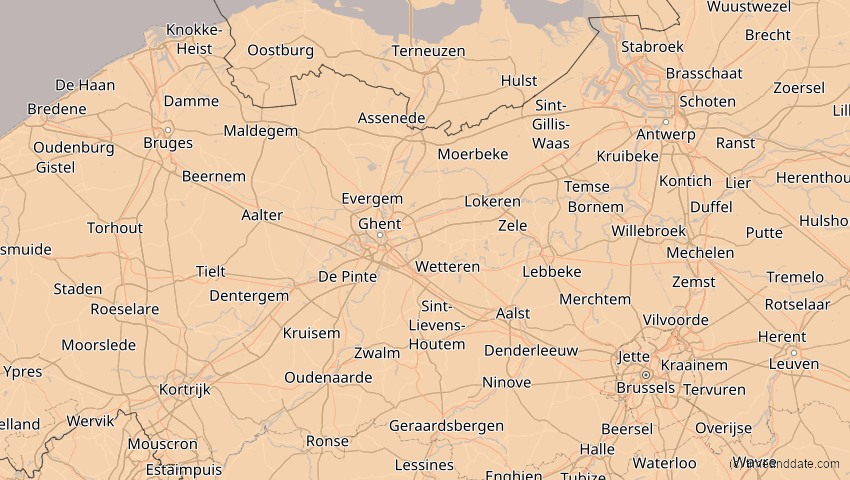A map of Ostflandern, Belgien, showing the path of the 21. Aug 2036 Partielle Sonnenfinsternis