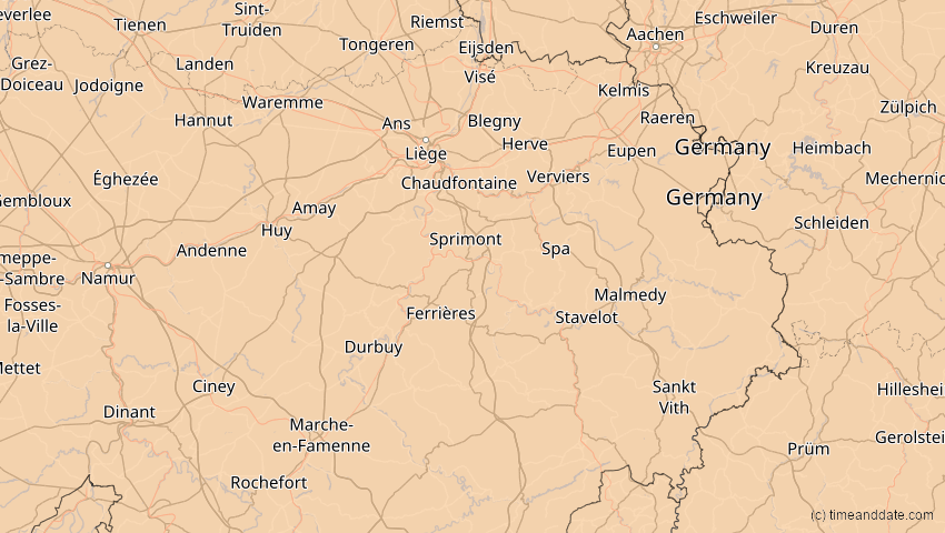 A map of Lüttich, Belgien, showing the path of the 21. Aug 2036 Partielle Sonnenfinsternis