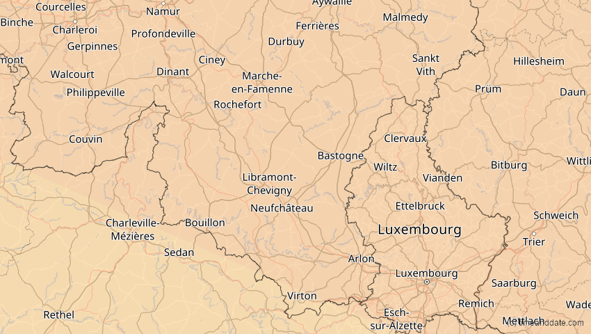 A map of Luxemburg, Belgien, showing the path of the 21. Aug 2036 Partielle Sonnenfinsternis