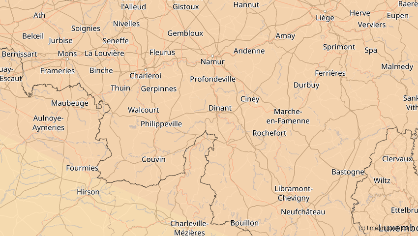 A map of Namur, Belgien, showing the path of the 21. Aug 2036 Partielle Sonnenfinsternis