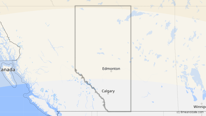 A map of Alberta, Kanada, showing the path of the 21. Aug 2036 Partielle Sonnenfinsternis