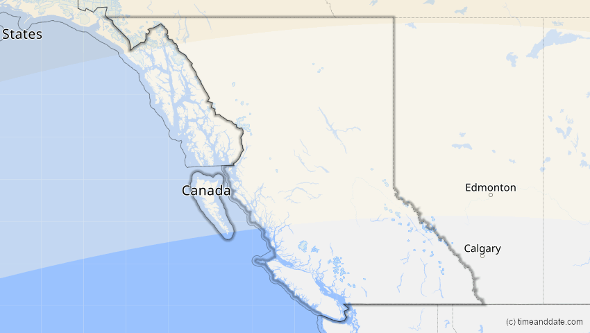 A map of British Columbia, Kanada, showing the path of the 21. Aug 2036 Partielle Sonnenfinsternis