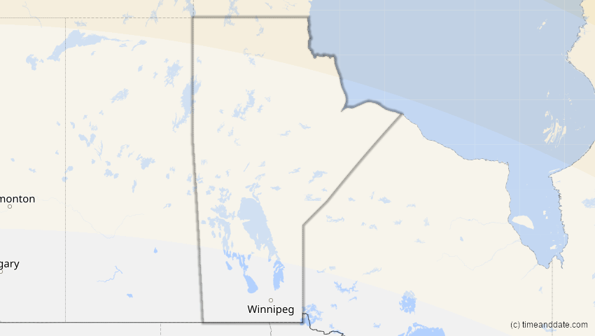 A map of Manitoba, Kanada, showing the path of the 21. Aug 2036 Partielle Sonnenfinsternis