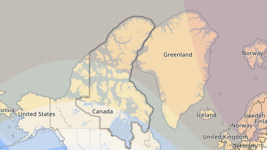 A map of Nunavut, Kanada, showing the path of the 21. Aug 2036 Partielle Sonnenfinsternis