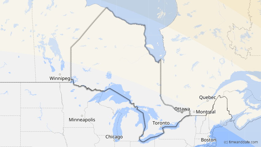 A map of Ontario, Kanada, showing the path of the 21. Aug 2036 Partielle Sonnenfinsternis