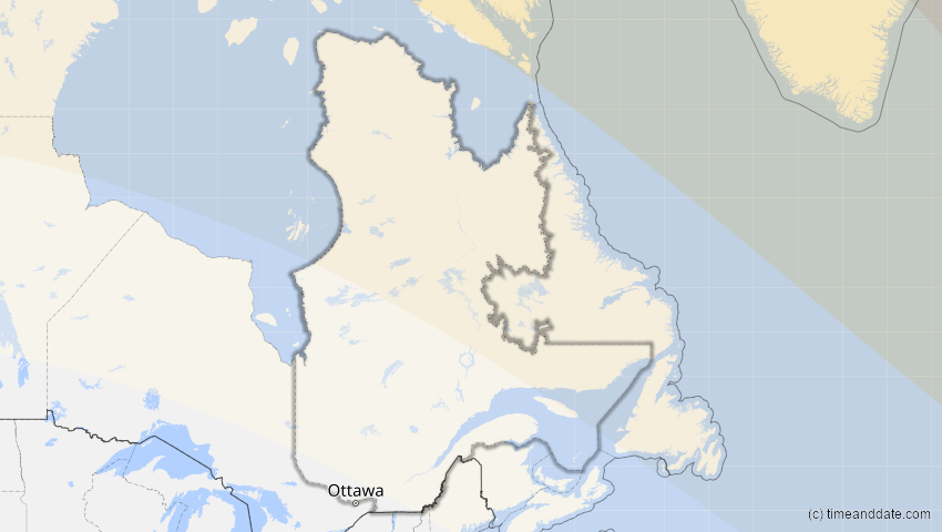 A map of Québec, Kanada, showing the path of the 21. Aug 2036 Partielle Sonnenfinsternis