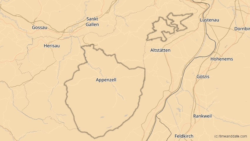 A map of Appenzell Innerrhoden, Schweiz, showing the path of the 21. Aug 2036 Partielle Sonnenfinsternis