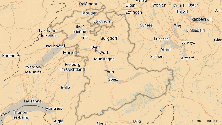 A map of Bern, Schweiz, showing the path of the 21. Aug 2036 Partielle Sonnenfinsternis