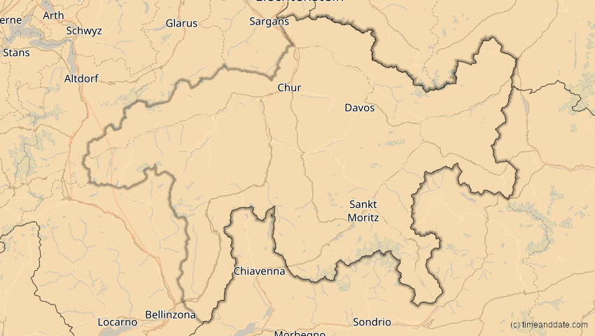 A map of Graubünden, Schweiz, showing the path of the 21. Aug 2036 Partielle Sonnenfinsternis