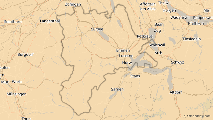 A map of Luzern, Schweiz, showing the path of the 21. Aug 2036 Partielle Sonnenfinsternis