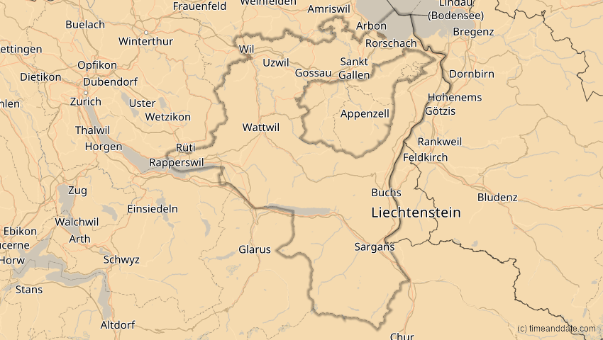 A map of St. Gallen, Schweiz, showing the path of the 21. Aug 2036 Partielle Sonnenfinsternis