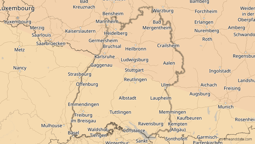 A map of Baden-Württemberg, Deutschland, showing the path of the 21. Aug 2036 Partielle Sonnenfinsternis