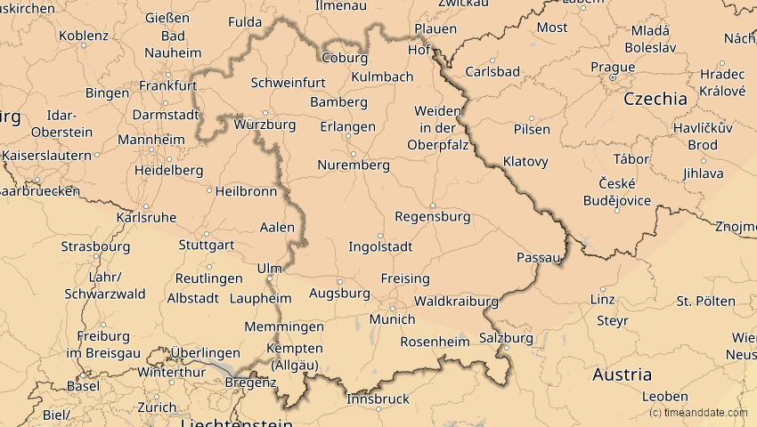 A map of Bayern, Deutschland, showing the path of the 21. Aug 2036 Partielle Sonnenfinsternis