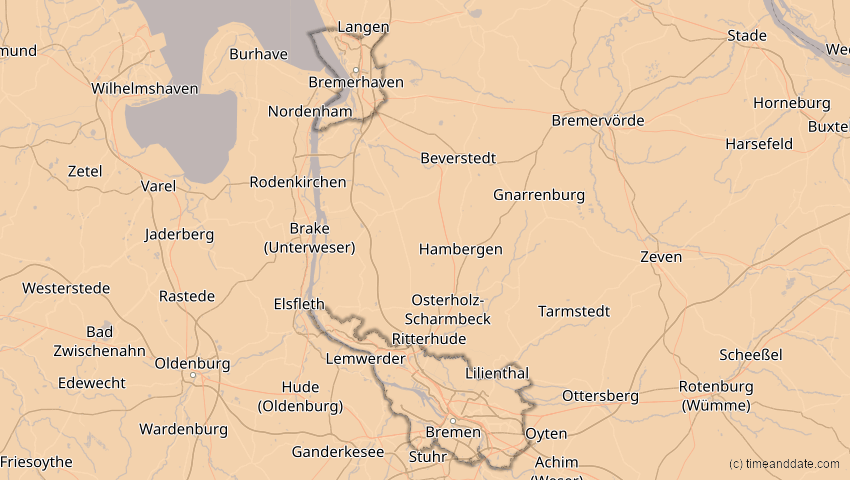 A map of Bremen, Deutschland, showing the path of the 21. Aug 2036 Partielle Sonnenfinsternis