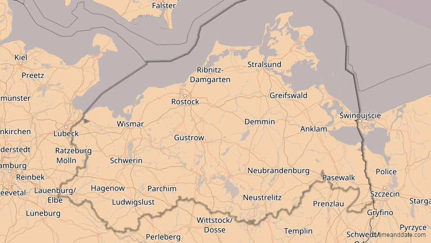 A map of Mecklenburg-Vorpommern, Deutschland, showing the path of the 21. Aug 2036 Partielle Sonnenfinsternis