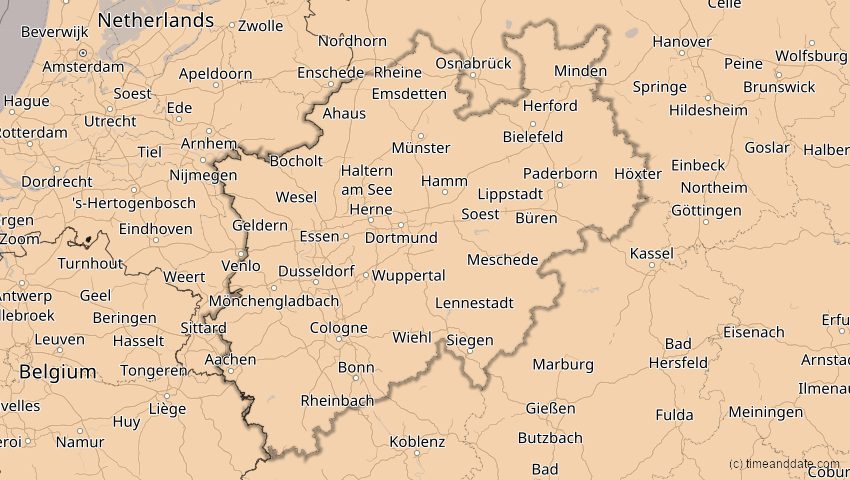A map of Nordrhein-Westfalen, Deutschland, showing the path of the 21. Aug 2036 Partielle Sonnenfinsternis