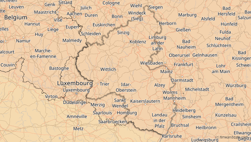 A map of Rheinland-Pfalz, Deutschland, showing the path of the 21. Aug 2036 Partielle Sonnenfinsternis