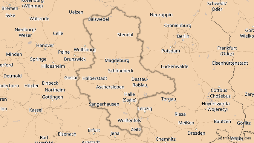 A map of Sachsen-Anhalt, Deutschland, showing the path of the 21. Aug 2036 Partielle Sonnenfinsternis