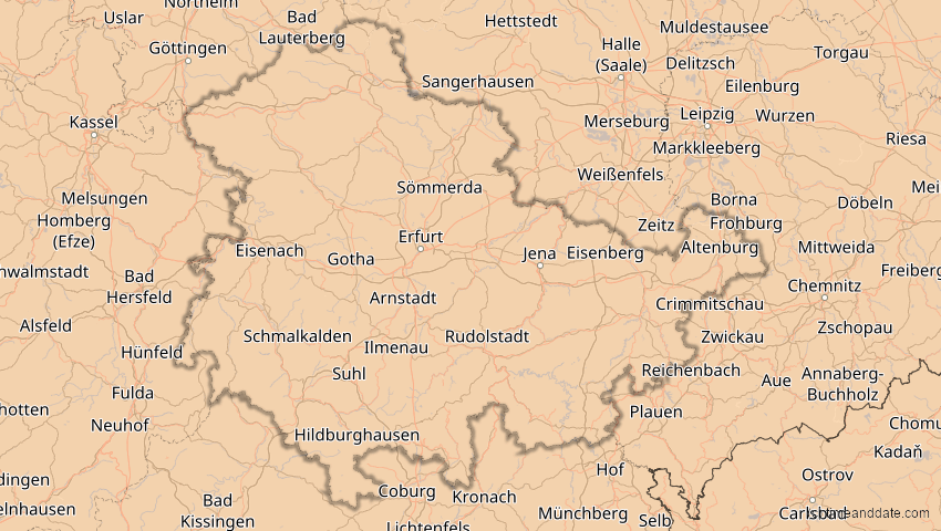 A map of Thüringen, Deutschland, showing the path of the 21. Aug 2036 Partielle Sonnenfinsternis