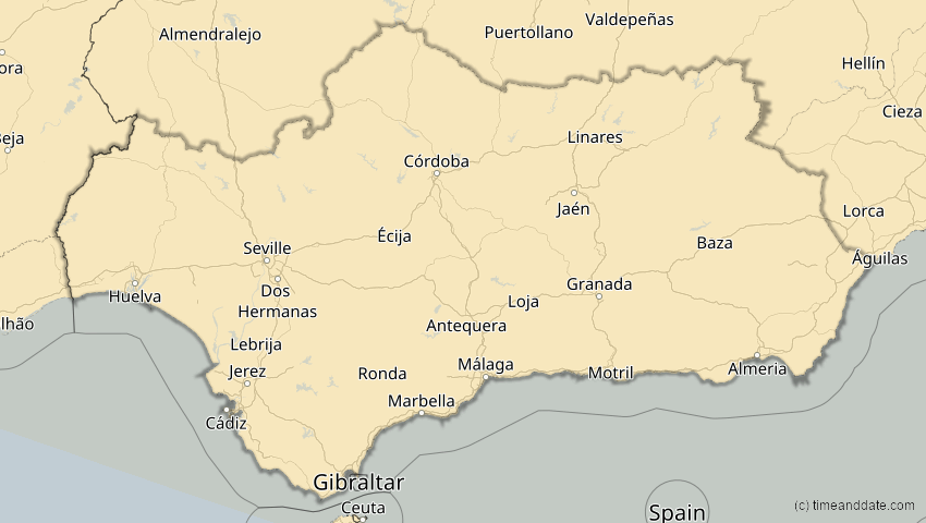 A map of Andalusien, Spanien, showing the path of the 21. Aug 2036 Partielle Sonnenfinsternis