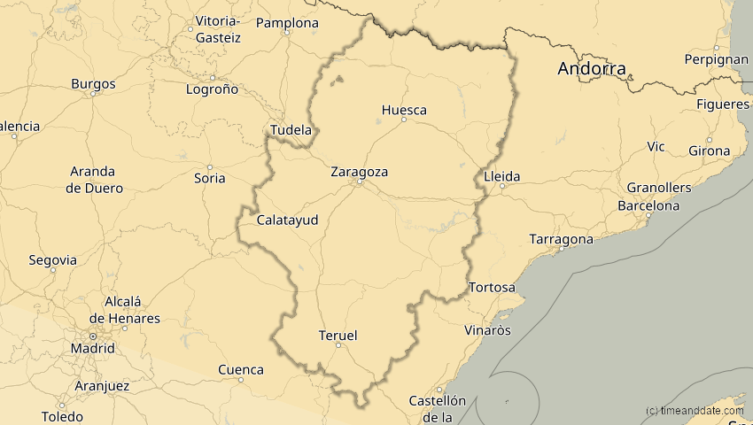 A map of Aragonien, Spanien, showing the path of the 21. Aug 2036 Partielle Sonnenfinsternis