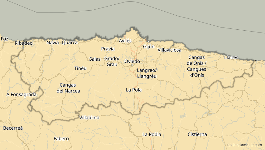 A map of Asturien, Spanien, showing the path of the 21. Aug 2036 Partielle Sonnenfinsternis