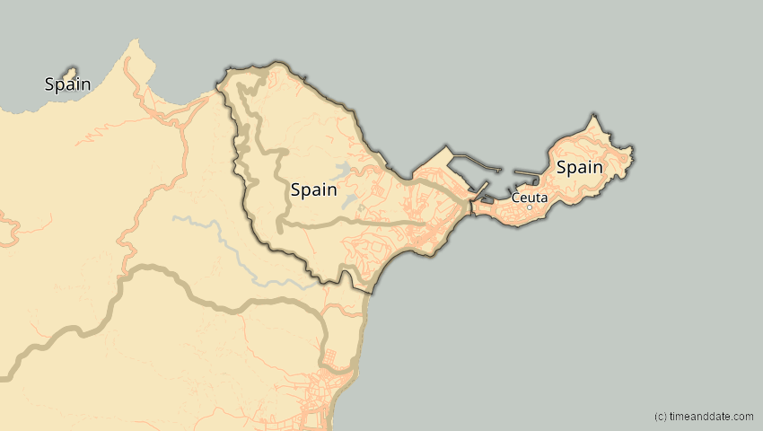 A map of Ceuta, Spanien, showing the path of the 21. Aug 2036 Partielle Sonnenfinsternis