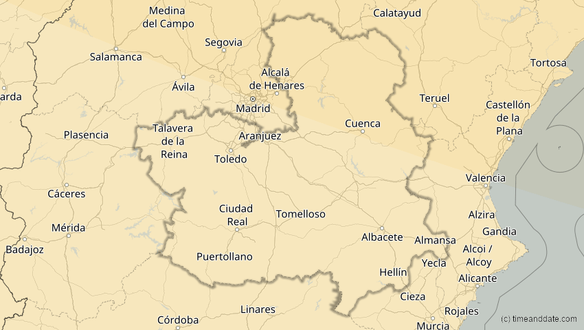 A map of Kastilien-La Mancha, Spanien, showing the path of the 21. Aug 2036 Partielle Sonnenfinsternis