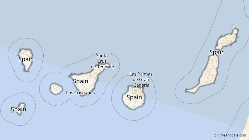 A map of Kanarische Inseln, Spanien, showing the path of the 21. Aug 2036 Partielle Sonnenfinsternis